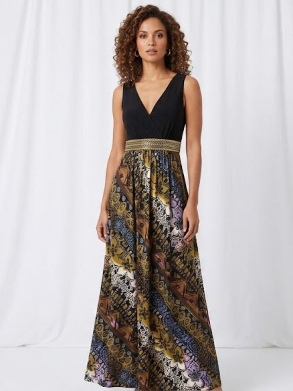 Boho Glam Maxi Dress 10 M V-Neck Gold Beaded Waist Mixed Boho  Glam Earthy